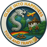 Round Glide Into Happiness emblem with a white dragon, a Bhutanese dzong, trekkers, and a raft on a rainbow river