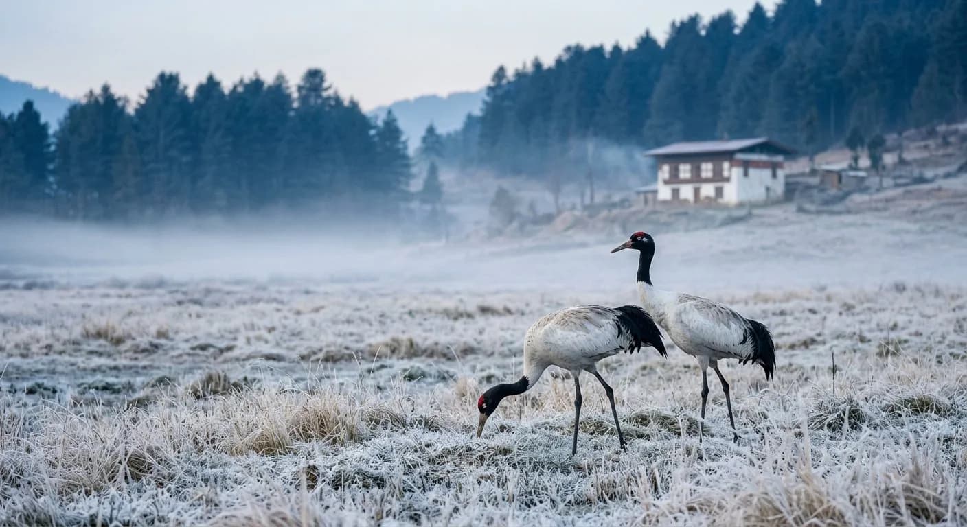 Black-necked cranes standing in frosted potato fields in Phobjikha Valley, Bhutan