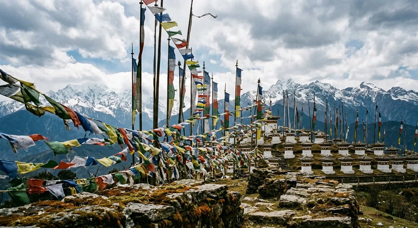 Prayer flags strung across a high mountain pass with layered forested ridges beyond