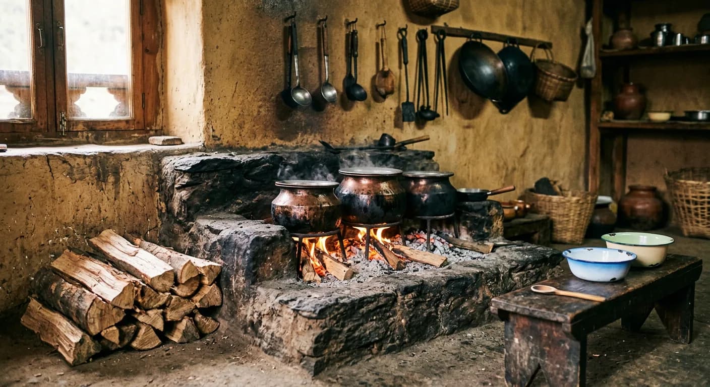 Copper pots steaming over a wood fire in the raised hearth of a Bhutanese farmhouse kitchen