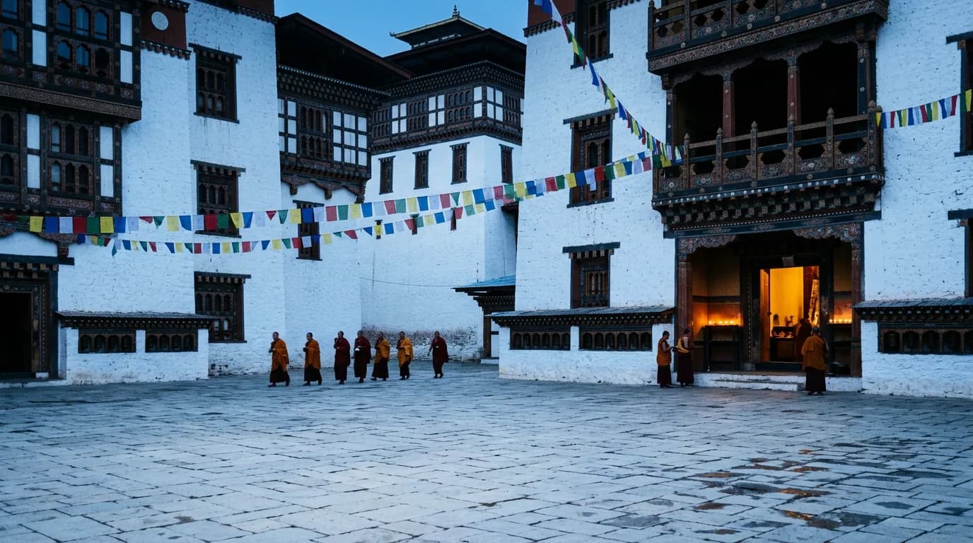 Monks in ochre robes crossing a dzong courtyard before the festival dances begin in the morning