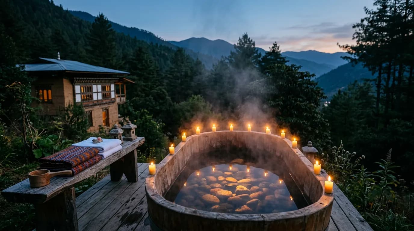 A steaming outdoor stone bath at dusk with candles set along the rim and forest beyond