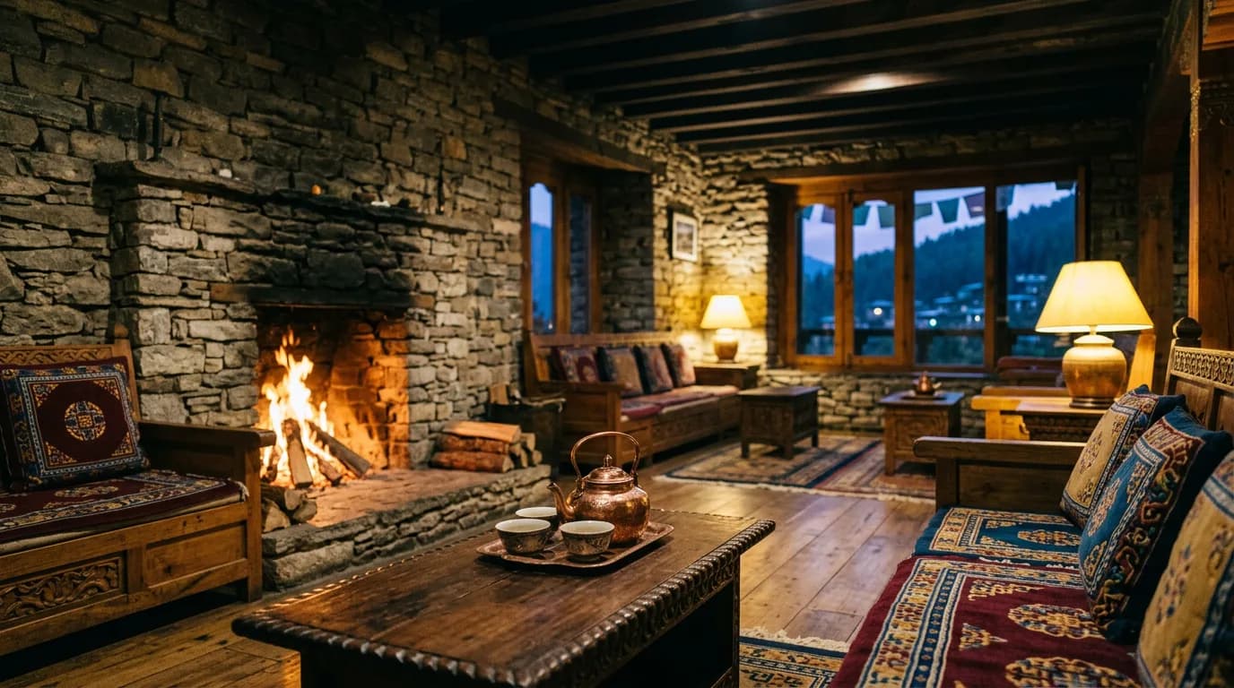 A stone fireplace lit in a Bhutanese lodge lounge with woven cushions and timber beams above
