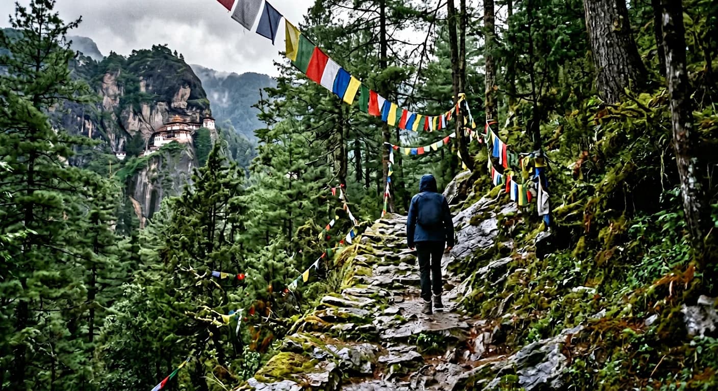 A walker on the stone trail to Taktsang, prayer flags strung through the pine forest above