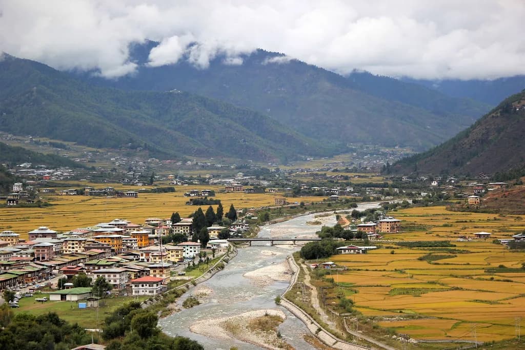 Scenic, wide-angle view of the golden rice fields and winding river of the Paro Valley in Bhutan.
