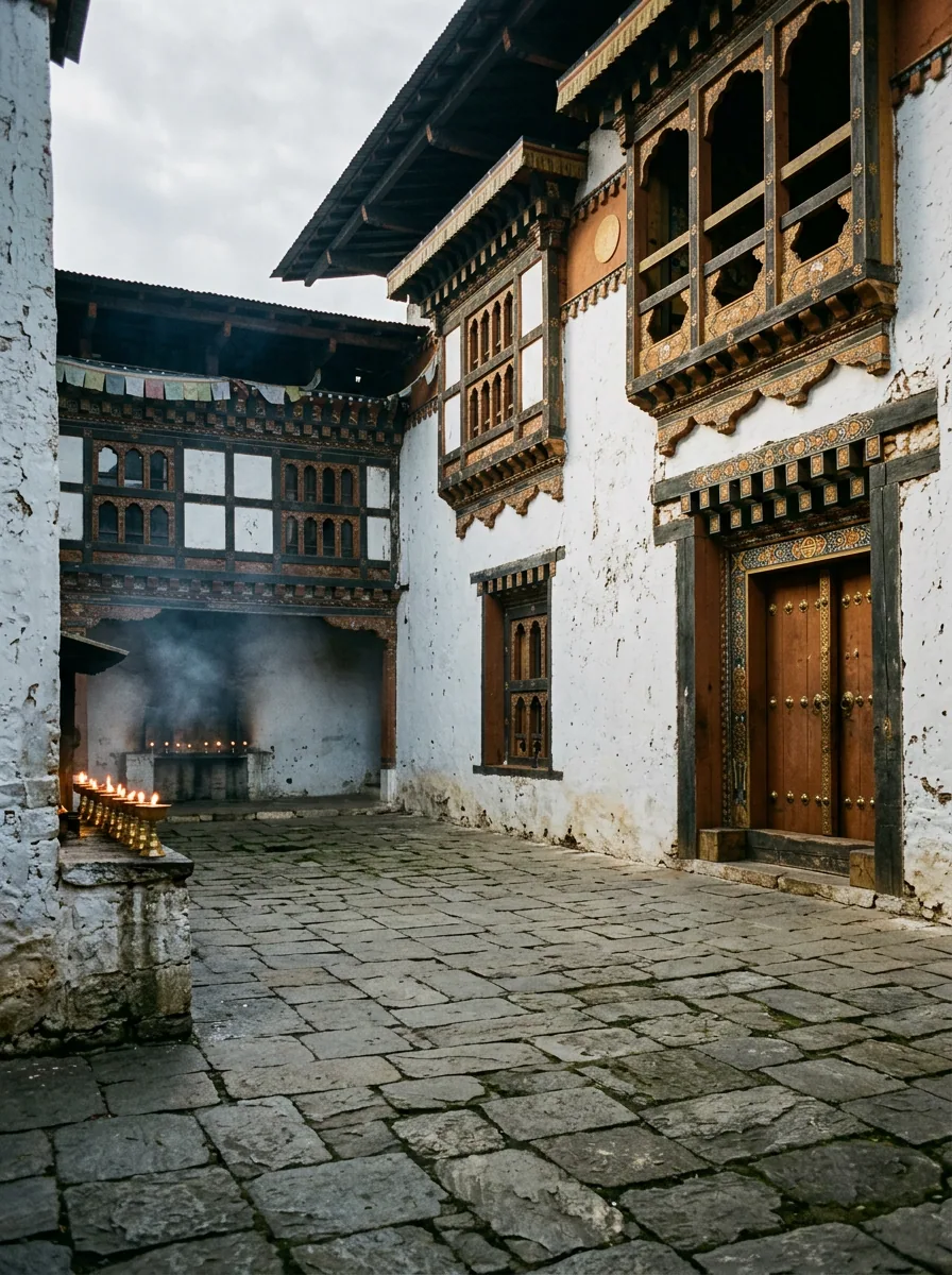 Butter lamps glowing along the wall of an empty dzong courtyard in the early morning